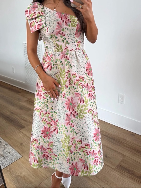 Dresses & Skirts - Floral One-Shoulder Midi Dress in Pink & Green